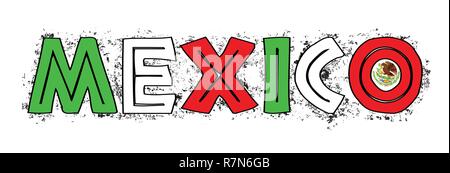 A graffiti style splatter painted text Mexico with flag emblem Stock Vector