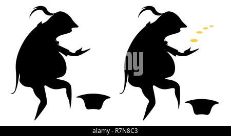 the caricature silhouette of a poor actor in a frock coat, begging with coins and without them Stock Vector