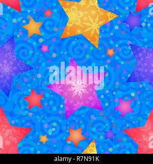 Christmas Seamless Blue Pattern for Holiday Design Colorful Stars with Flowers and Snowflakes on Tile Background with Spirals. Vector Stock Vector
