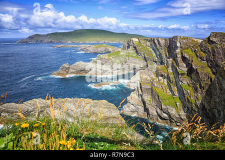 A view to the Kerry Cliffs at the westernmost part of Iveragh Peninsula. In the background Valentia Island with the Bray Head Stock Photo