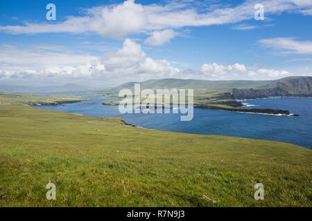 View from Bray Head, Valentia Island to the Portmagee Channel and the city of Portmagee and Kerry Cliffs (to the right) Stock Photo