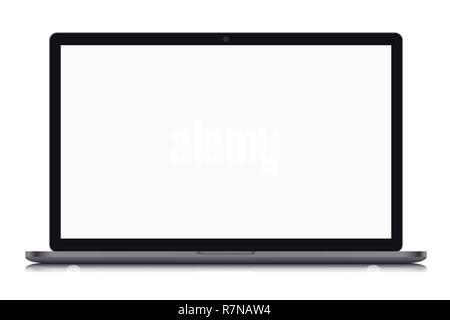 Realistic illustration of a grey laptop with blank white screen with webcam and black frame, isolated on white background - vector Stock Vector
