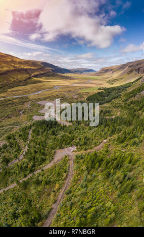 Forest area, Brynjudalur, Hvalfjordur, Iceland. This image is shot using a drone. Stock Photo