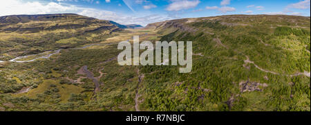 Forest area, Brynjudalur, Hvalfjordur, Iceland. This image is shot using a drone. Stock Photo