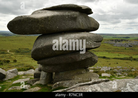 The Cheesewring from above, wind and rain eroded granite rock on Bodmin Moor Cornwall.UK Stock Photo
