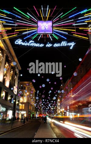 2018 Christmas lights along Oxford Street Toward Oxford Circus, Soho, London, UK. Stock Photo