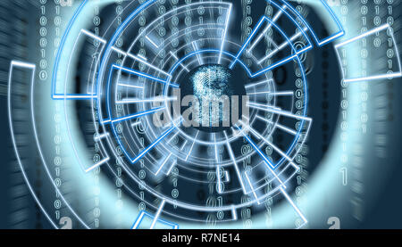 abstract fingerprint om virtual screen with matrix code in the background and patern surrounding it, biometric verification concept Stock Photo