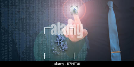 biometric verification, businesman leaving fingerprint on virtual screen - biometric identification concept Stock Photo