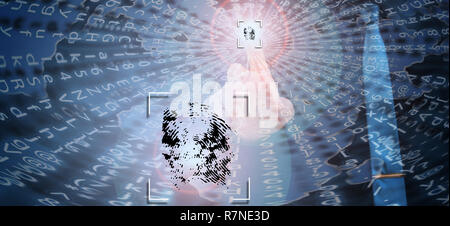biometric verification, businesman leaving fingerprint on virtual screen - biometric identification concept Stock Photo