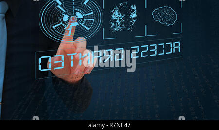 biometric verification, businesman leaving fingerprint on virtual screen - biometric identification concept Stock Photo