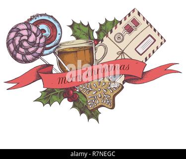 Vector composition with colored letters, lollipop, tea cup, gingerbread, holly Stock Vector