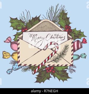Vector composition with colored letters, candies, lettering, holly, pine branch, spruce, lollipop Stock Vector