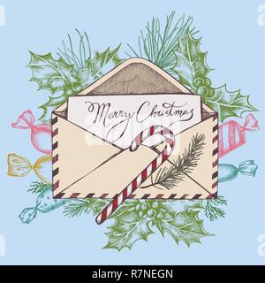Vector composition with colored letters, candies, lettering, holly, pine branch, spruce, lollipop Stock Vector