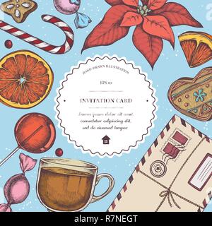 Vector composition with colored letters, oranges, poinsettia, lollipop, candies, gingerbread, tea cup Stock Vector