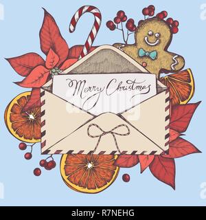 Vector composition with colored letters, gingerbread men, lollipop, bow, oranges, rowan, lettering, poinsettia Stock Vector