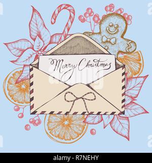Vector composition with colored letters, gingerbread men, lollipop, bow, oranges, rowan, lettering, poinsettia Stock Vector