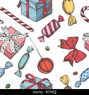 Seamless pattern with colored lollipop, bow, candies, gift boxes Stock Vector