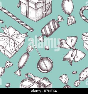 Seamless pattern with colored lollipop, bow, candies, gift boxes Stock Vector