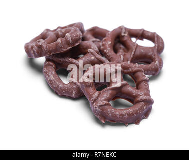 Small Pile of Chocolate Pretzels Isolated on White Background. Stock Photo