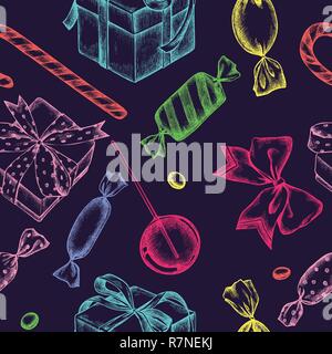 Seamless pattern with colored lollipop, bow, candies, gift boxes Stock Vector
