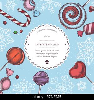 Vector composition with colored lollipop, candies, snowflakes Stock Vector