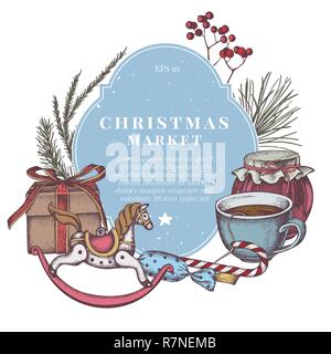 Vector composition with colored lollipop, candies, rowan, jars, tea cup, pine branch, spruce, redwood, toy horse, gift boxes Stock Vector