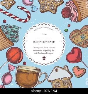 Vector composition with colored lollipop, candies, gingerbread, tea cup, cupcakes Stock Vector