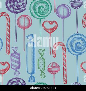 Seamless pattern with colored lollipop, candies hand drawn illustration Stock Vector