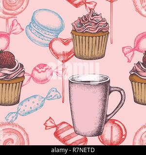 Seamless pattern with colored lollipop, macaron, candies, cupcakes, tea cup Stock Vector