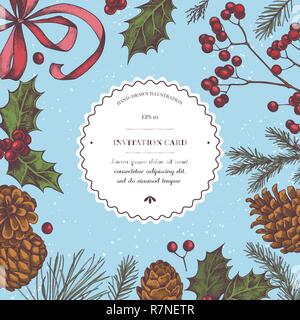 Vector composition with colored bow, cones, rowan, holly, pine branch, spruce Stock Vector
