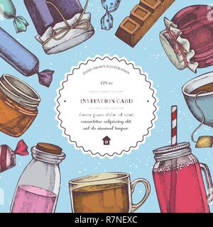 Vector composition with colored candies, jars, tea cup, bar Stock Vector