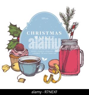 Vector composition with colored candies, macaron, cupcakes, rowan, holly, spruce, lemons, jars, tea cup Stock Vector