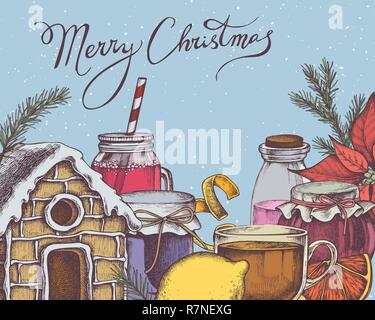 Vector composition with colored lemons, oranges, lettering, jars, tea cup, gingerbread house, spruce Stock Vector