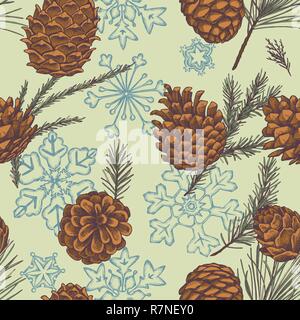 Seamless pattern with colored snowflakes, cones, pine branch, spruce, redwood Stock Vector
