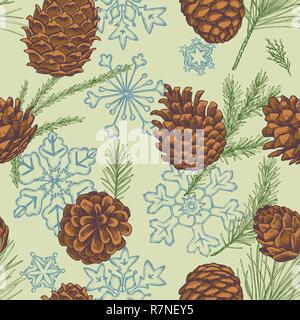 Seamless pattern with colored snowflakes, cones, pine branch, spruce, redwood Stock Vector