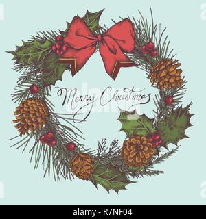 Vector composition with colored cones, bow, rowan, lettering, pine branch, spruce, redwood Stock Vector