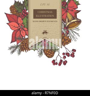 Vector composition with colored bells, bow, cones, rowan, poinsettia, holly, pine branch, spruce Stock Vector