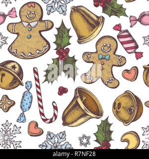 Seamless pattern with colored bells, jingles, gingerbread men, gingerbread, lollipop, candies, snowflakes, holly Stock Vector