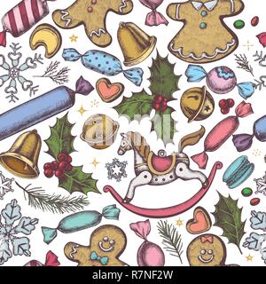 Seamless pattern with colored bells, jingles, gingerbread men, gingerbread, macaron, candies, snowflakes, sparkles, holly, spruce, toy horse Stock Vector