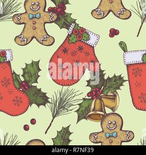 Seamless pattern with colored bells, gingerbread men, mitten, stocking, holly, pine branch Stock Vector