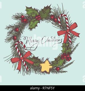 Vector composition with colored decorations, lollipop, bow, holly, rowan, lettering, pine branch, spruce, redwood Stock Vector