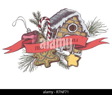 Vector composition with colored decorations, lollipop, gingerbread, gingerbread house, pine branch, spruce Stock Vector