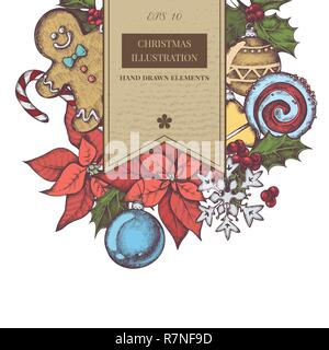 Vector composition with colored decorations, gingerbread men, lollipop, snowflakes, poinsettia, holly Stock Vector
