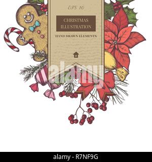 Vector composition with colored decorations, gingerbread men, lollipop, rowan, poinsettia, holly, pine branch, spruce Stock Vector