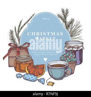Vector composition with colored jars, tea cup, gift boxes, candies, oranges, cupcakes, pine branch, spruce, redwood Stock Vector