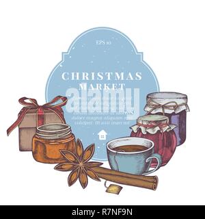 Vector composition with colored jars, tea cup, gift boxes, cinnamon Stock Vector