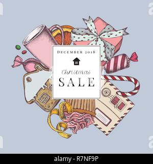 Vector composition with colored tea cup, letters, gift boxes, gingerbread, lollipop, candies, lemons, oranges, cupcakes, jars Stock Vector