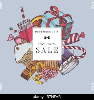 Vector composition with colored gift boxes, gingerbread, lollipop, candies, lemons, oranges, cupcakes, jars Stock Vector