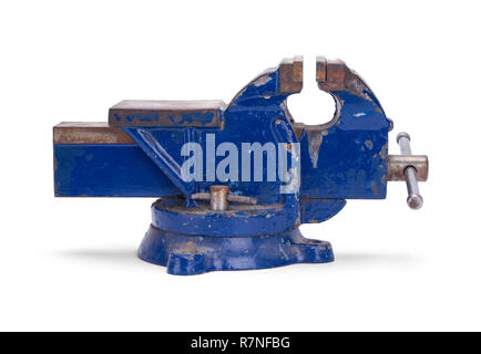 Worn Blue Anvil Vise Clamp Isolated on a White Background. Stock Photo