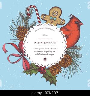Vector composition with colored gingerbread men, bow, lollipop, cardinal, holly, cones, pine branch, spruce Stock Vector